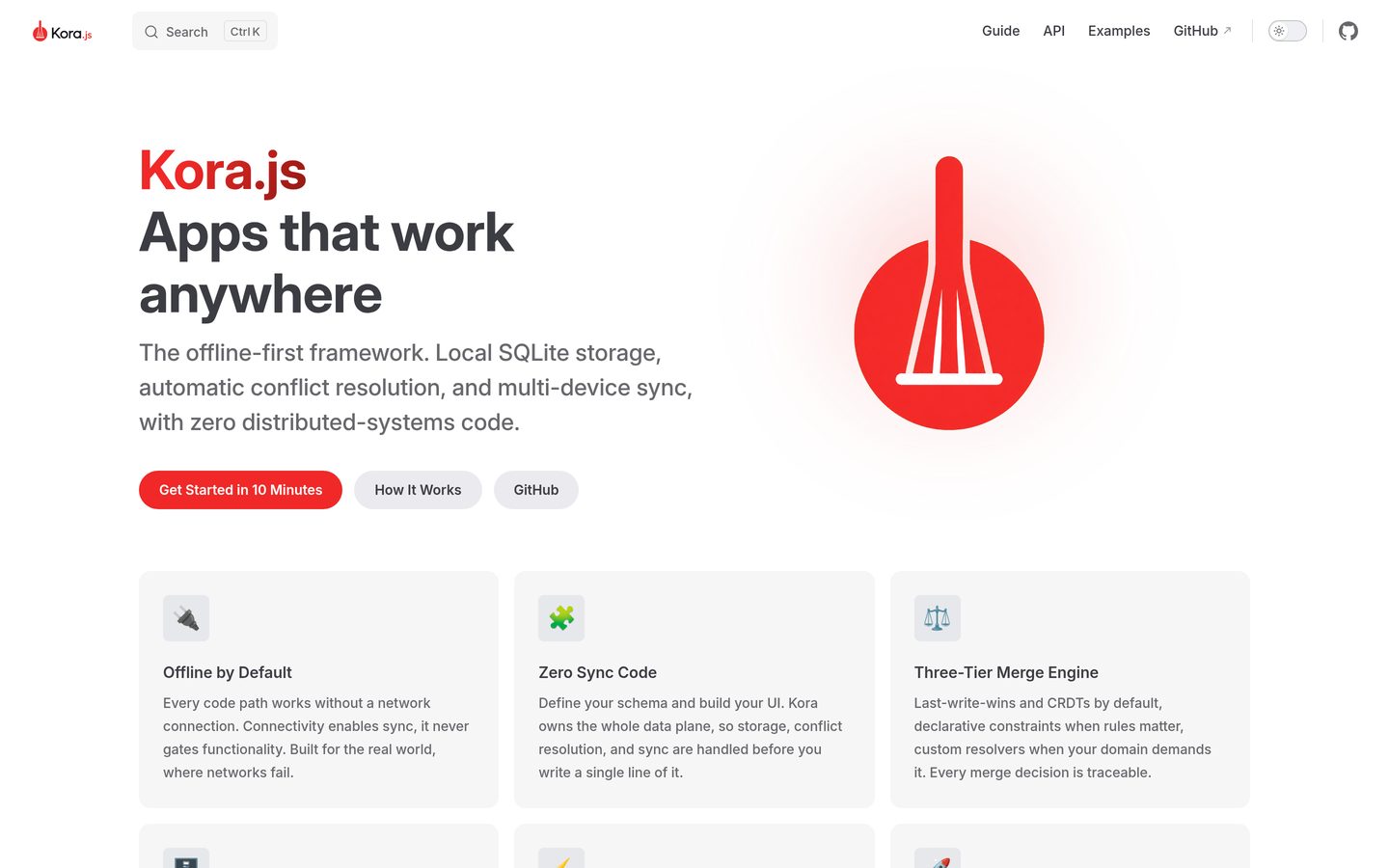 Kora.js website hero: "Apps that work anywhere", the offline-first framework with local SQLite storage, conflict resolution and multi-device sync