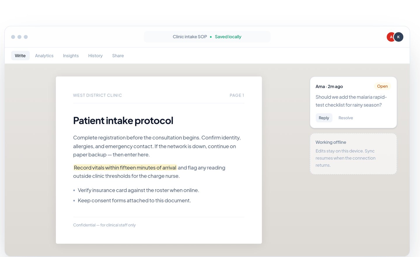 KoraDocs editor: a clinic's patient intake protocol saved locally, with a comment thread and a "Working offline" note saying edits stay on the device until sync resumes